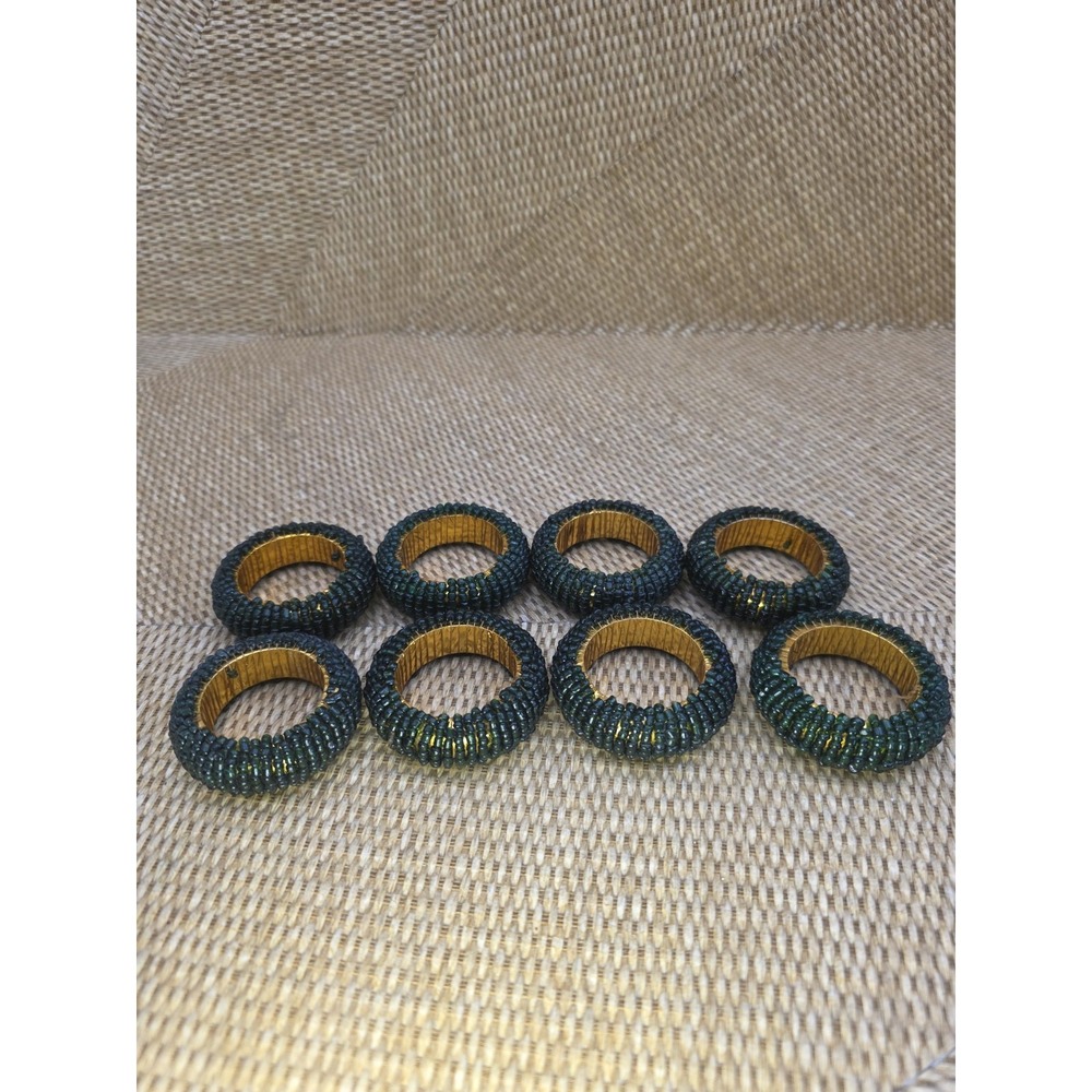 8 Vtg Decorative Seed Beaded Green Beads Napkin Holders w‎ Gold Colored Interior